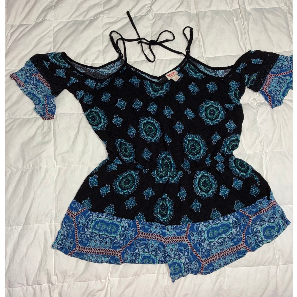 Mossimo Supply Co XL Cold Shoulder Blue Black Paisley Bell Sleeve Boho Romper